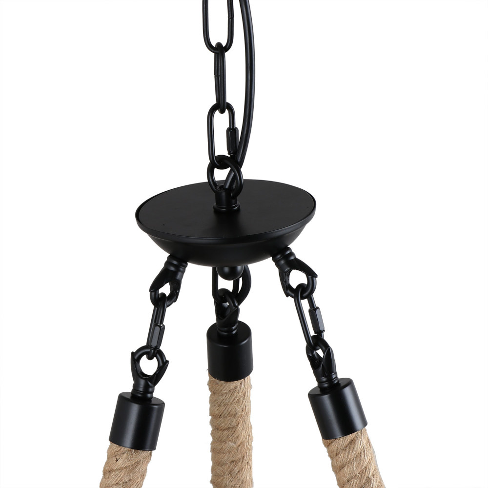 Wooden Ring Hemp Rope Chandelier Vintage Round Ceiling Light Fixtures 3 Lights with Seeded Glass Shade, Brown (C0047)