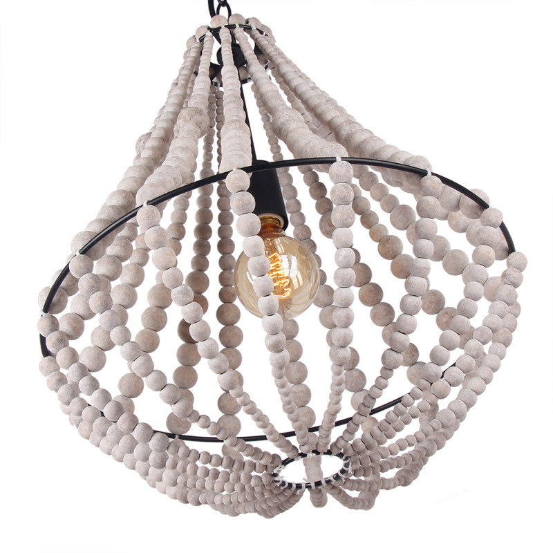 Conical Wood Bead Chandelier Retro Style Pendant Lamp,Kitchen Island Vintage Hanging Light Fixtures 1 Light, Gray White (C0045)