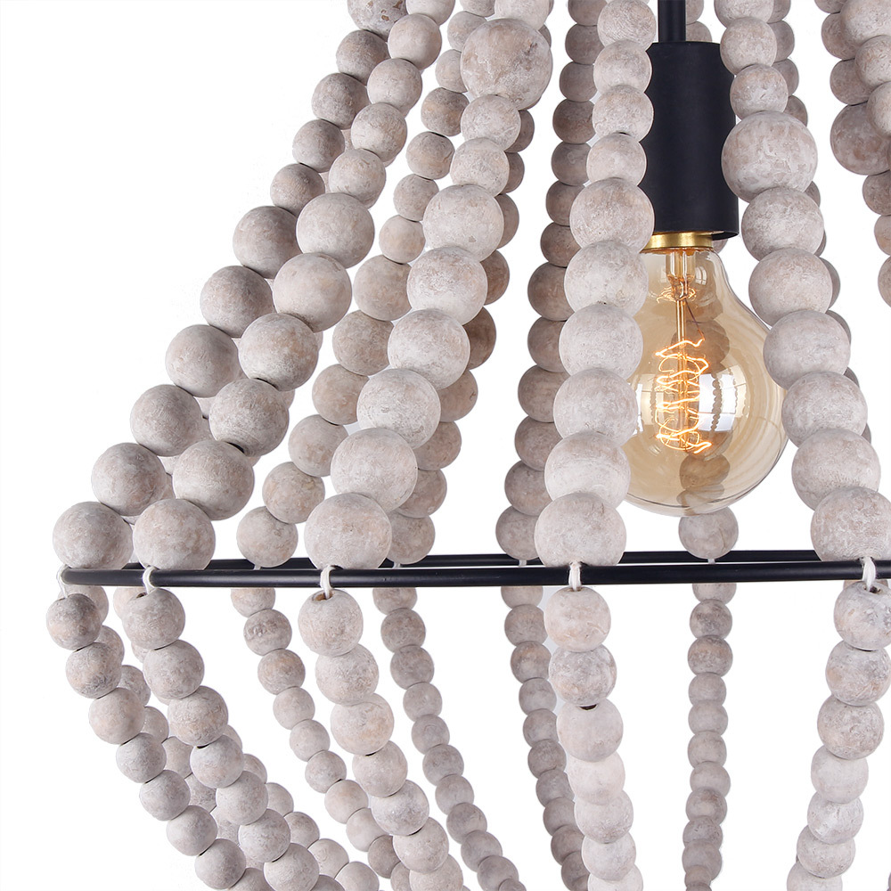 Conical Wood Bead Chandelier Retro Style Pendant Lamp,Kitchen Island Vintage Hanging Light Fixtures 1 Light, Gray White (C0045)