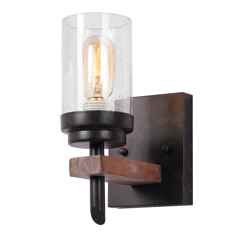 Rustic Wood Wall Sconce with Seeded Glass Shade, Log Cabin Home Retro Edison Wall Light Fixtures 1-Light, Black (17804)