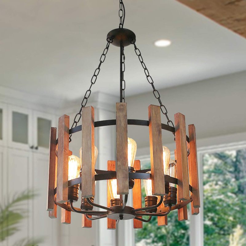 Wood Metal Chandelier Orb Pendant Light, Dining Room Vintage Ceiling Light Fixture 8 Lights, Brown (C0049)