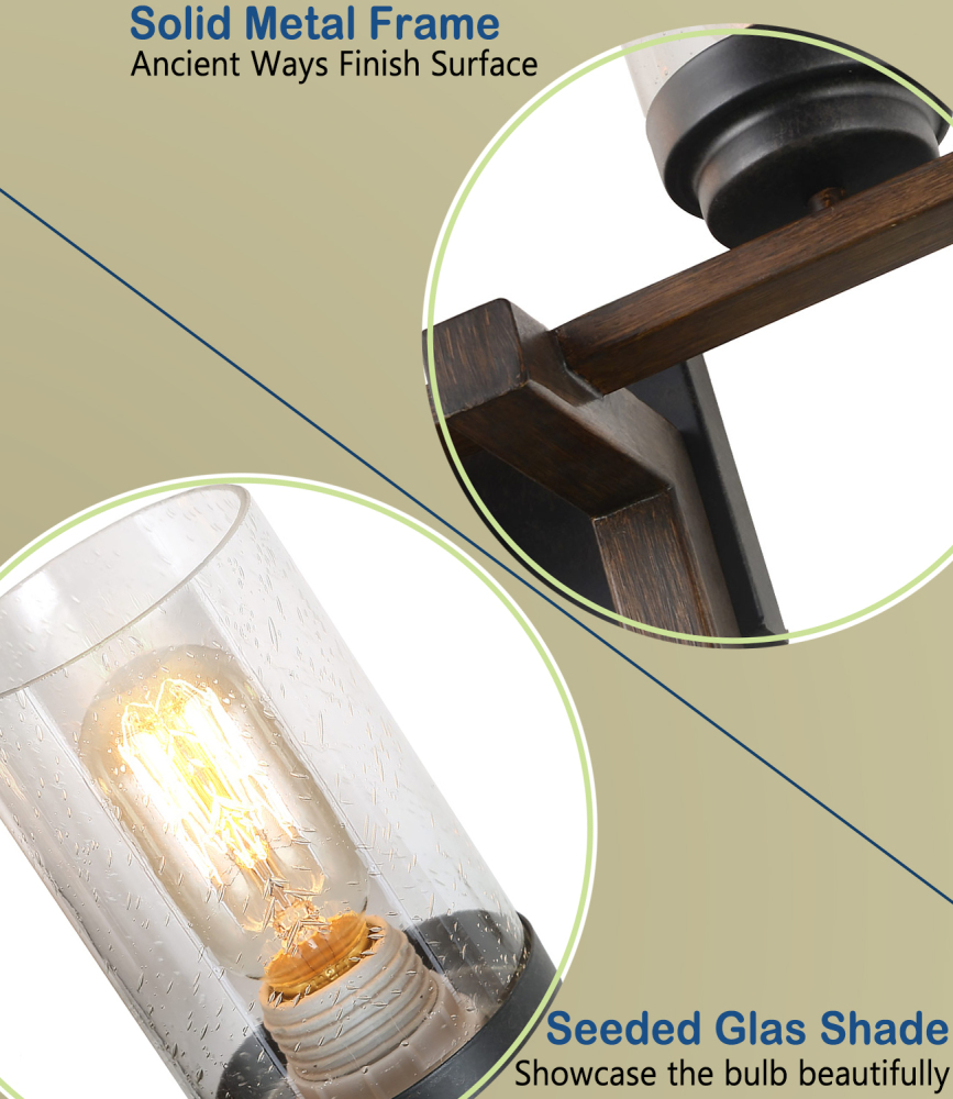 Rustic Style Bathroom Lighting Metal Wall Sconce with Seeded Glass Shade,Sconce Lighting Fixtures 3-Lights, Black (W0063)