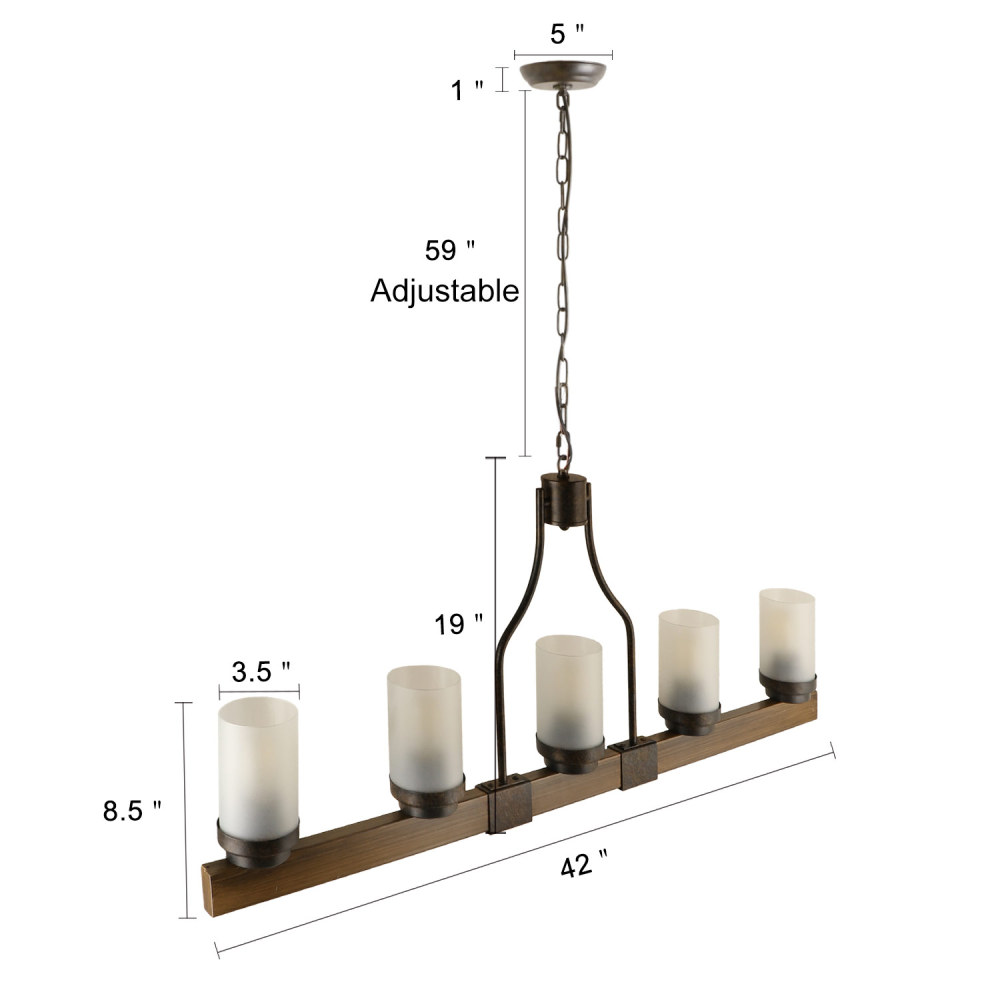 5-Light Rustic Chandelier with Frosted Glass Lamp Shade for Farmhouse Linear Pendant Lighting Edison Hanging Light Fixture C0090