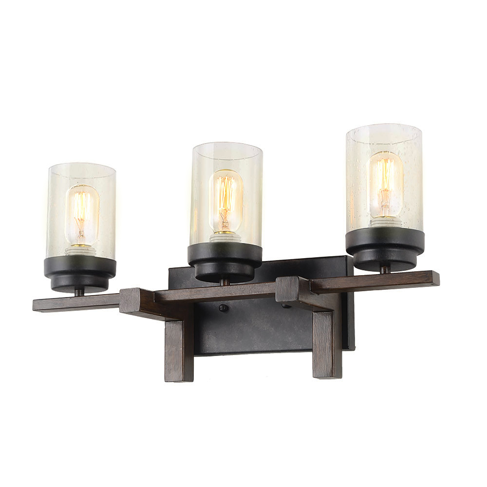 Rustic Style Bathroom Lighting Metal Wall Sconce with Seeded Glass Shade,Sconce Lighting Fixtures 3-Lights, Black (W0063)