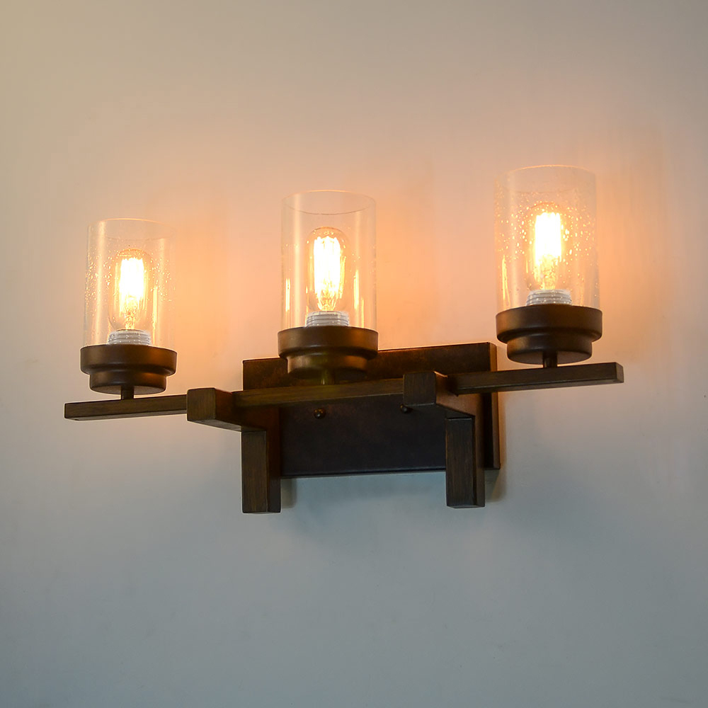 Rustic Style Bathroom Lighting Metal Wall Sconce with Seeded Glass Shade,Sconce Lighting Fixtures 3-Lights, Black (W0063)