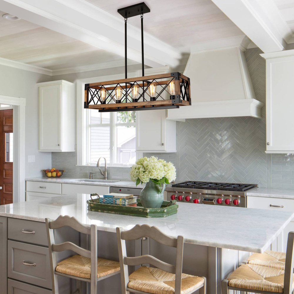 Rectangle Wood Chandelier Farmhouse Style Dining Room Kitchen Lighting Fixtures, 5 Lights Ceiling Hanging Pendant Lighting UL Listed(C0080)