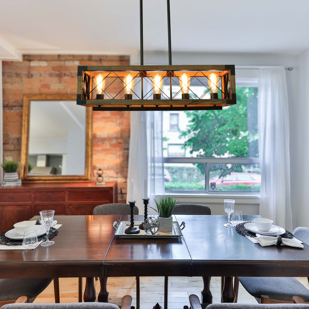 Rectangle Wood Chandelier Farmhouse Style Dining Room Kitchen Lighting Fixtures, 5 Lights Ceiling Hanging Pendant Lighting UL Listed(C0080)