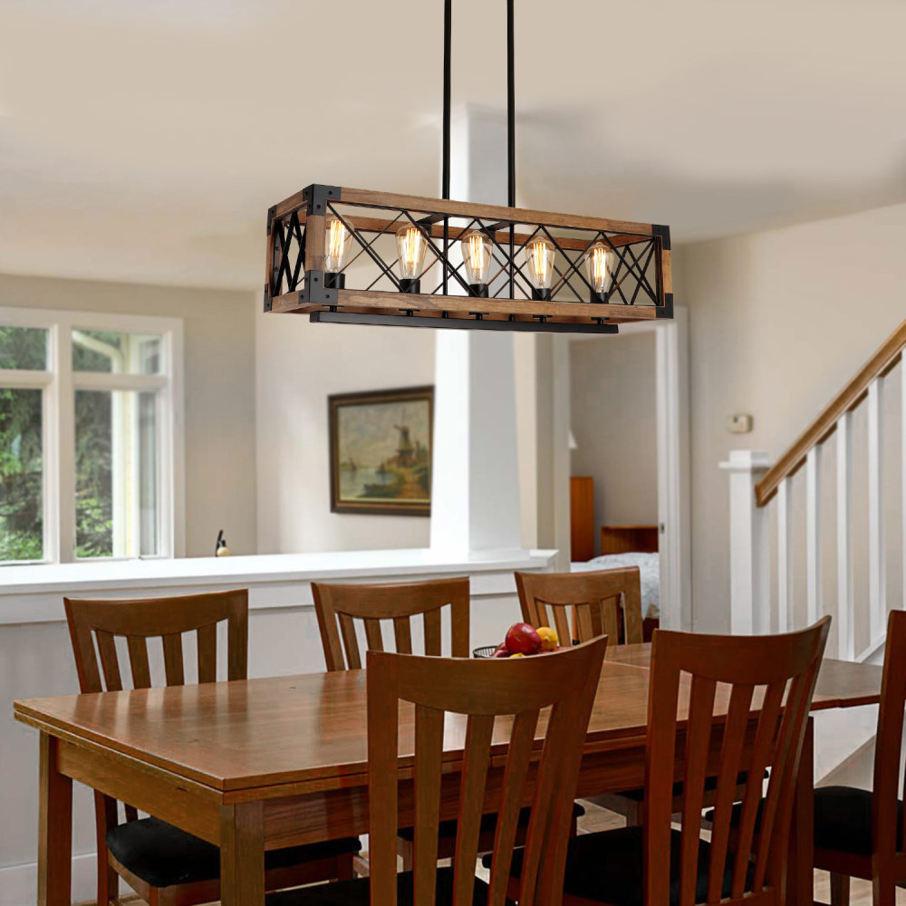 Rectangle Wood Chandelier Farmhouse Style Dining Room Kitchen Lighting Fixtures, 5 Lights Ceiling Hanging Pendant Lighting UL Listed(C0080)