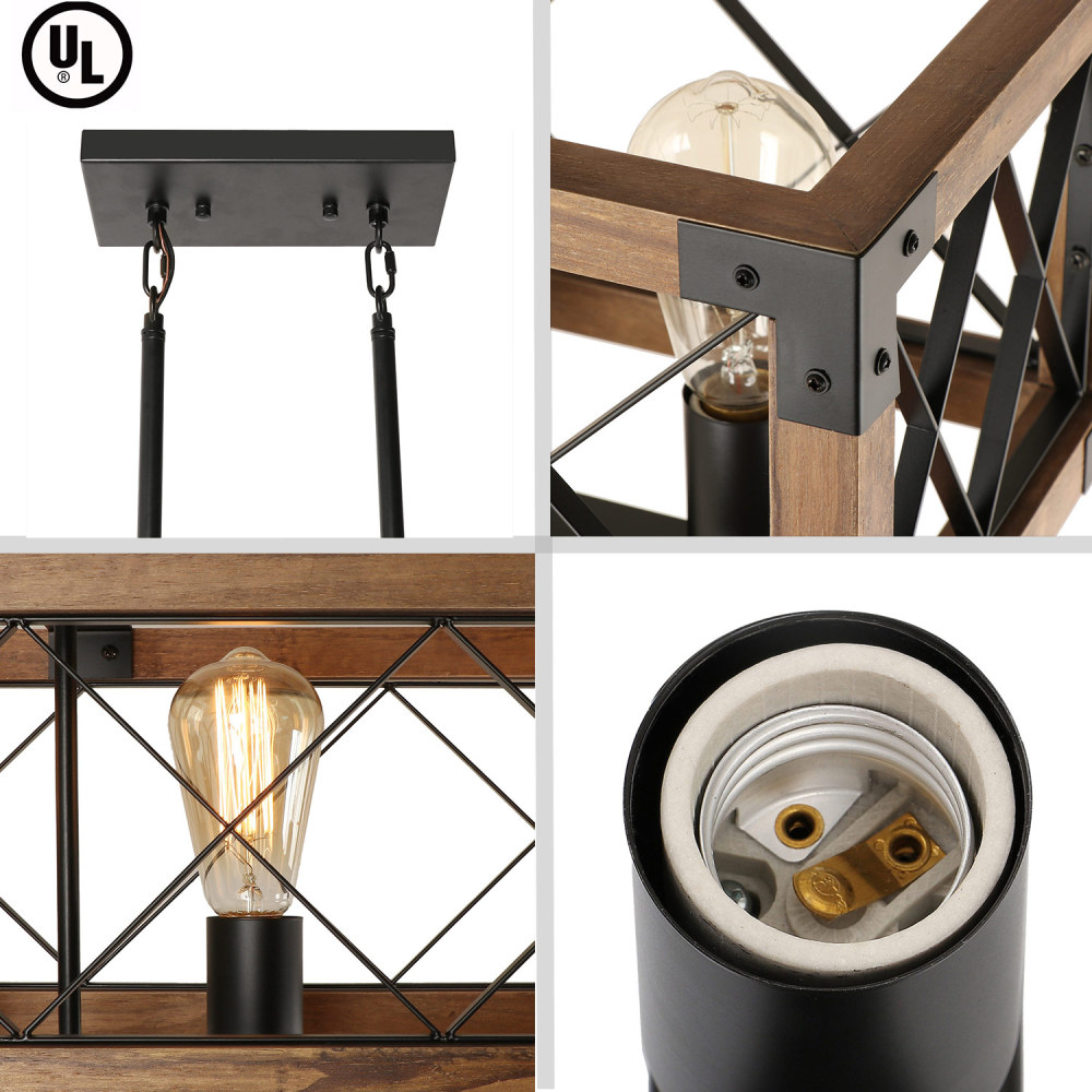 Rectangle Wood Chandelier Farmhouse Style Dining Room Kitchen Lighting Fixtures, 5 Lights Ceiling Hanging Pendant Lighting UL Listed(C0080)