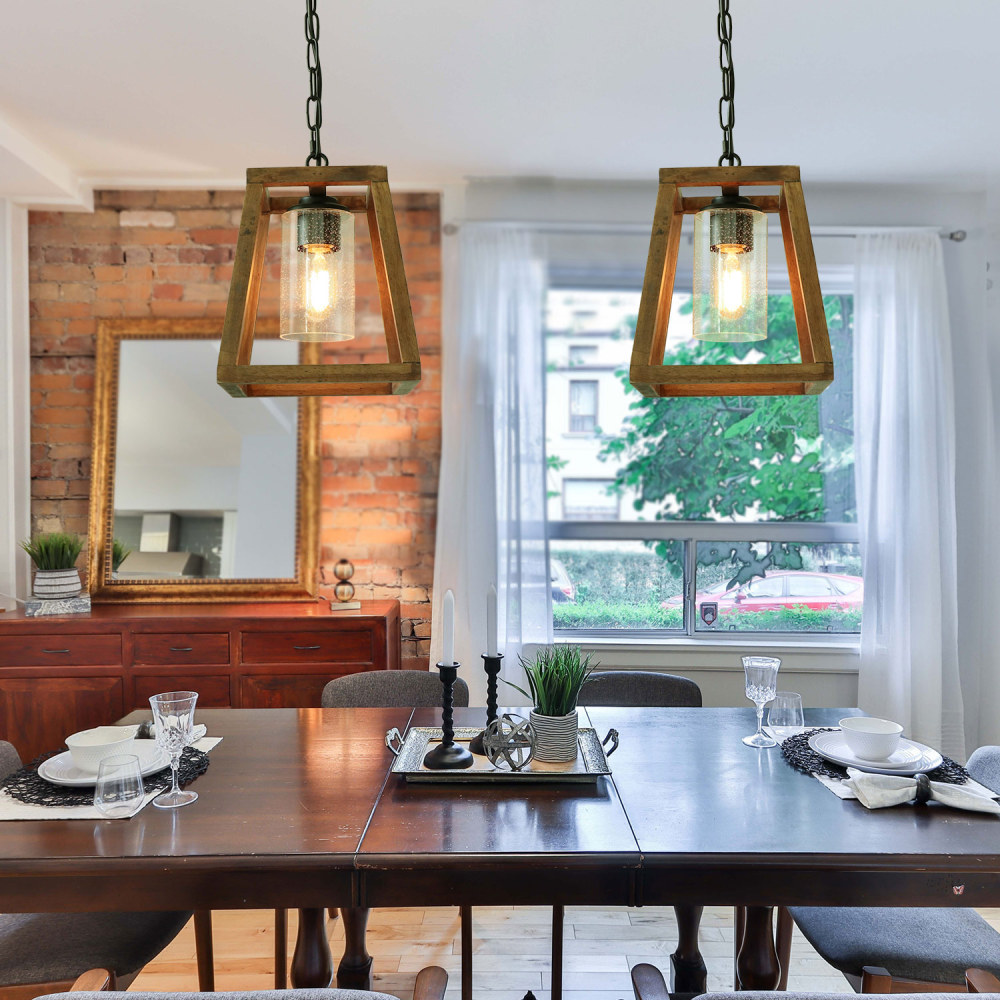 Trapezoid Shape Pendant Light Farmhouse Kitchen Wood Chandelier Rustic Hanging Ceiling Light Fixture Unique Pendant for Dining Room Foyer(P0062)