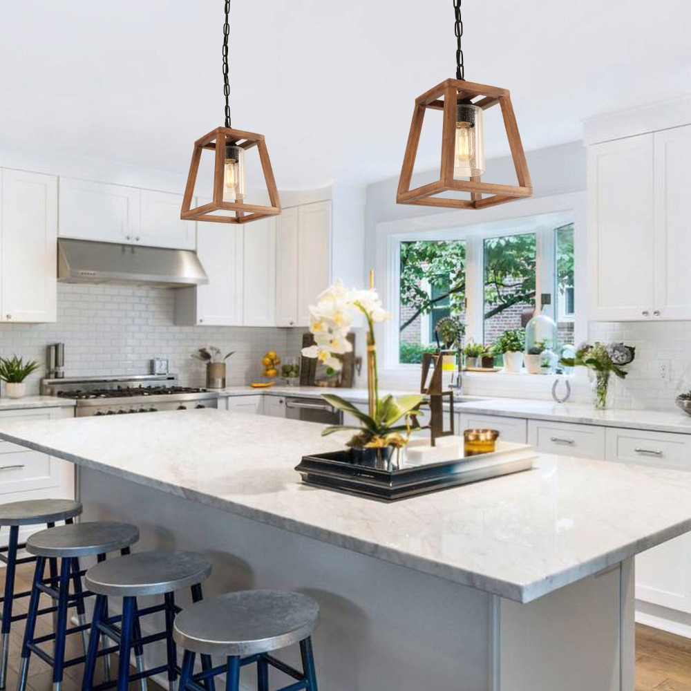 Trapezoid Shape Pendant Light Farmhouse Kitchen Wood Chandelier Rustic Hanging Ceiling Light Fixture Unique Pendant for Dining Room Foyer(P0062)