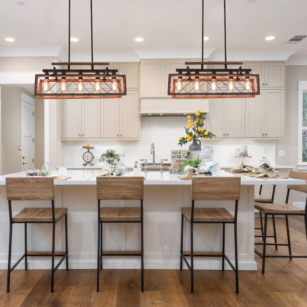 Rectangle Wood Chandelier Kitchen Island Pendant Lighting Rustic Farmhouse Chandelier Hanging Ceiling Light Fixture 5 Lights Ideal for Dining Room