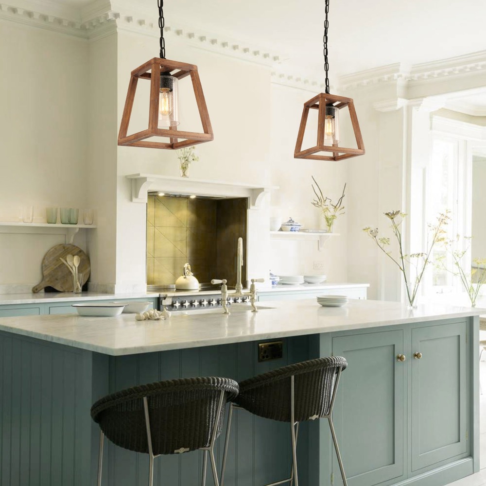 Trapezoid Shape Pendant Light Farmhouse Kitchen Wood Chandelier Rustic Hanging Ceiling Light Fixture Unique Pendant for Dining Room Foyer(P0062)