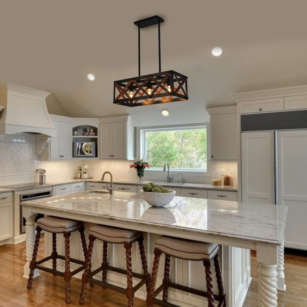 Rectangle Wood Metal Rustic Kitchen Chandelier Island Pendant Light Hardware Industrial Vintage Hanging Ceiling Fixture 3 Lights, Black (C0032)