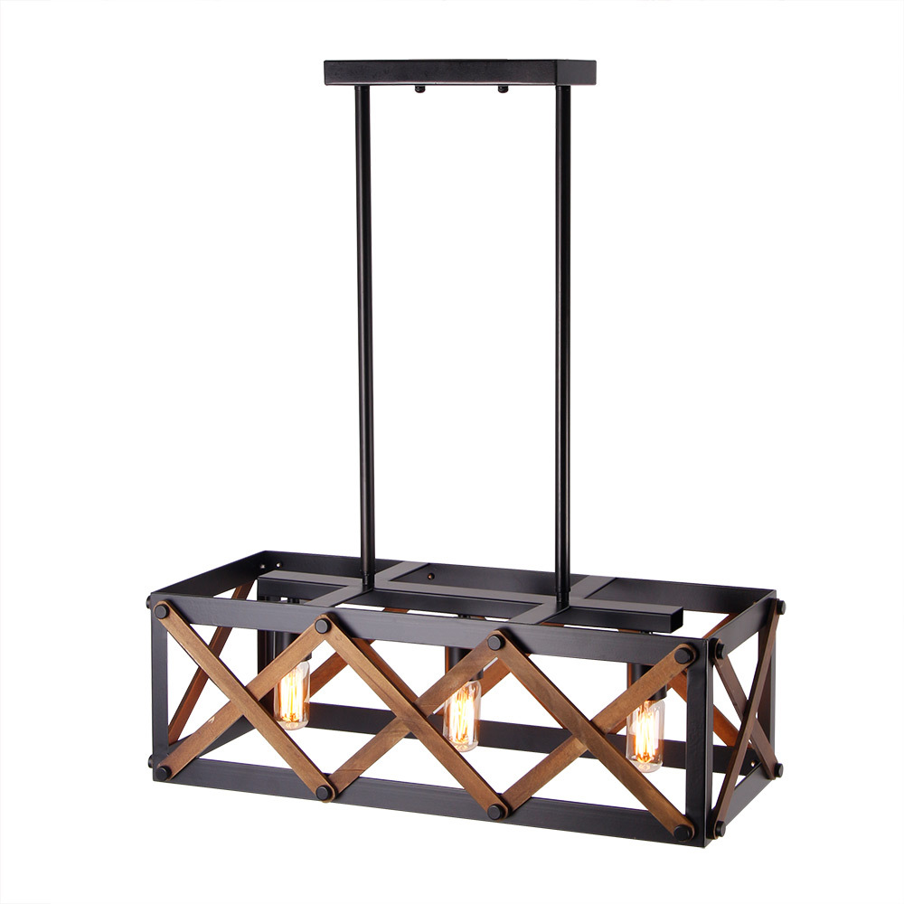Rectangle Wood Metal Rustic Kitchen Chandelier Island Pendant Light Hardware Industrial Vintage Hanging Ceiling Fixture 3 Lights, Black (C0032)