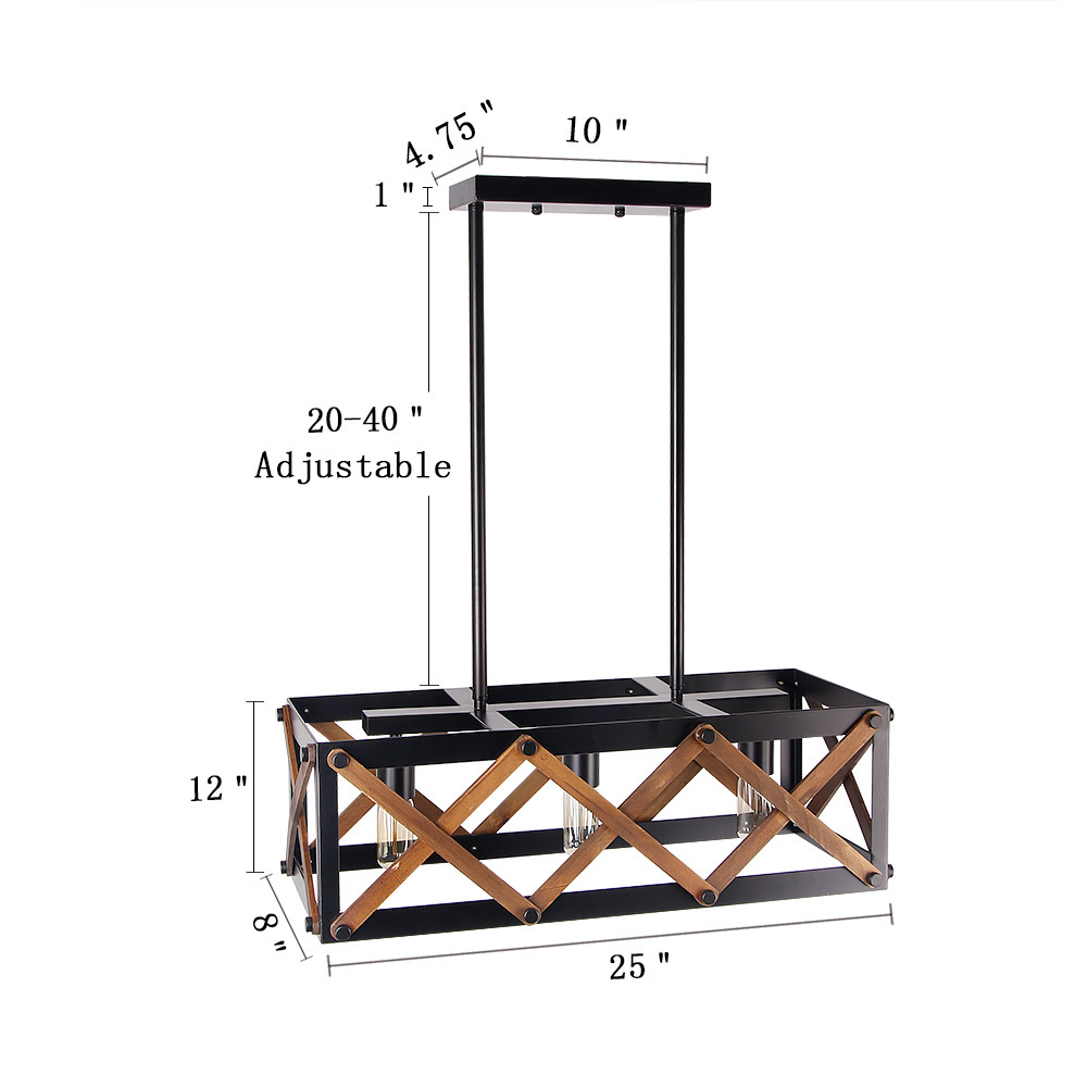 Rectangle Wood Metal Rustic Kitchen Chandelier Island Pendant Light Hardware Industrial Vintage Hanging Ceiling Fixture 3 Lights, Black (C0032)