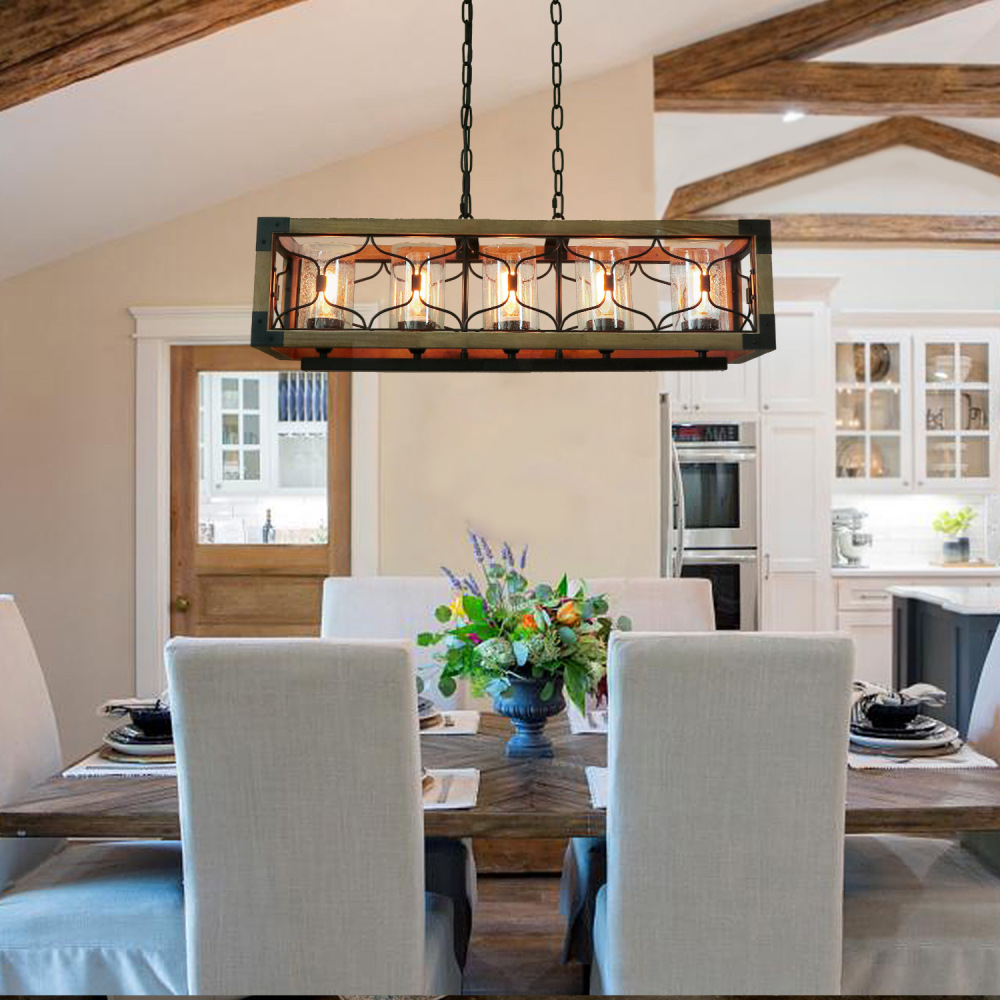 Anmytek Rectangle Wood Chandelier Rustic with Seeded Glass Shades, Industrial Farm Kitchen Pendant Light Dinning Room Hanging Light Fixture