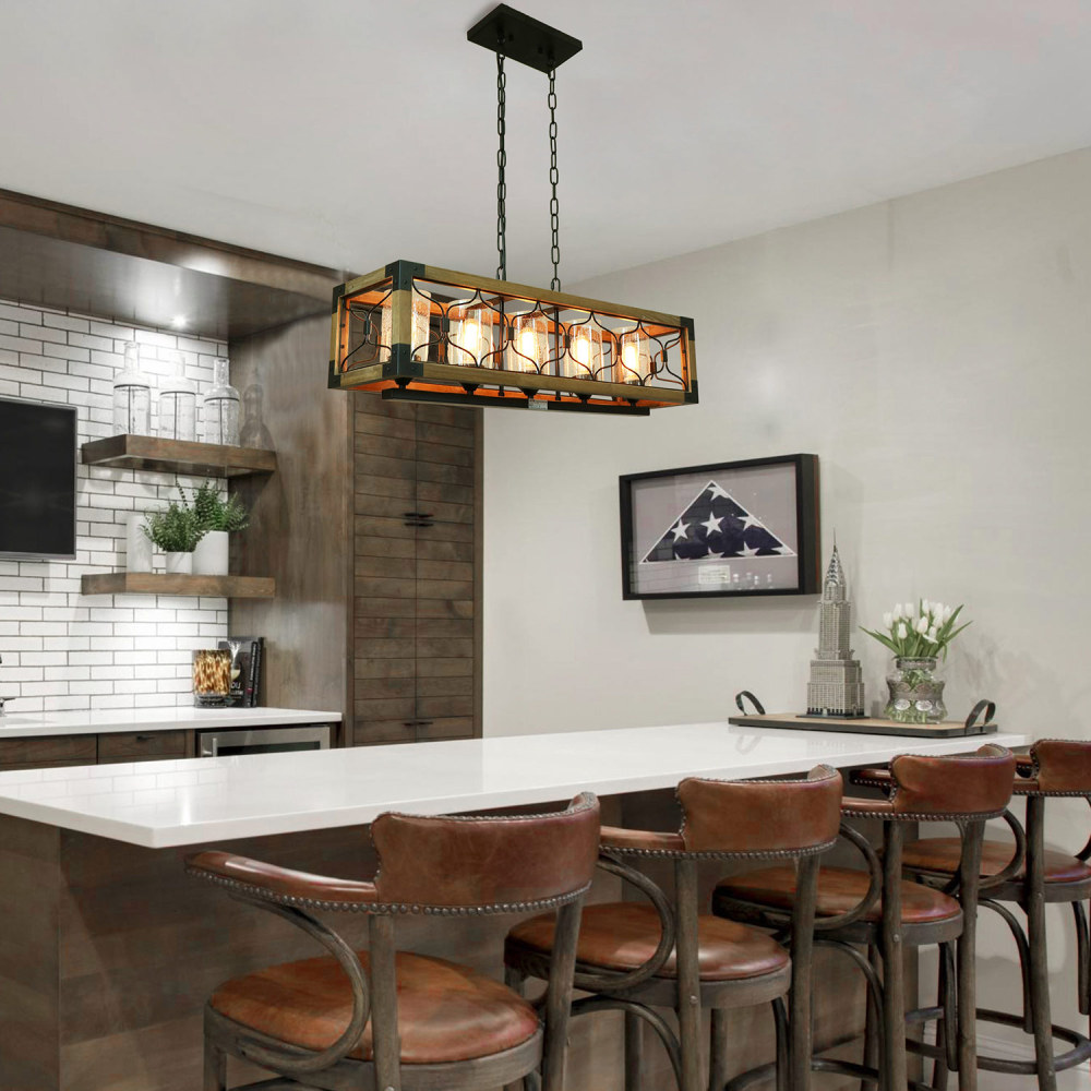 Anmytek Rectangle Wood Chandelier Rustic with Seeded Glass Shades, Industrial Farm Kitchen Pendant Light Dinning Room Hanging Light Fixture