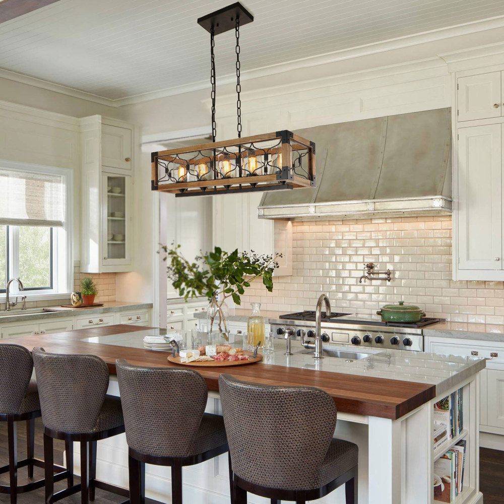 Anmytek Rectangle Wood Chandelier Rustic with Seeded Glass Shades, Industrial Farm Kitchen Pendant Light Dinning Room Hanging Light Fixture