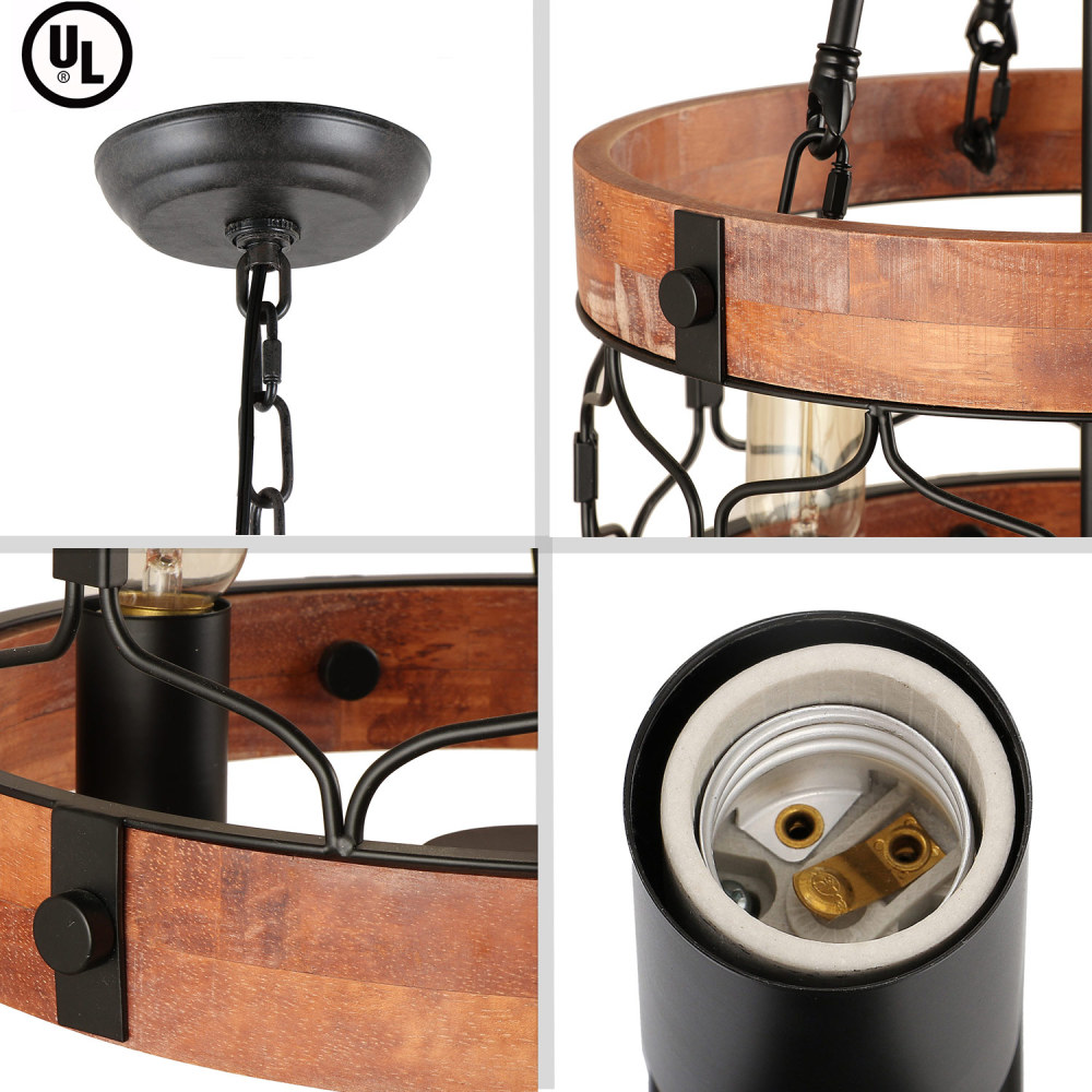 Round Wooden Chandelier Rustic Kitchen Island Pendant Lighting Fixture Three Lights Hanging Ceiling Lights for Dining Room Foyer (C0084)