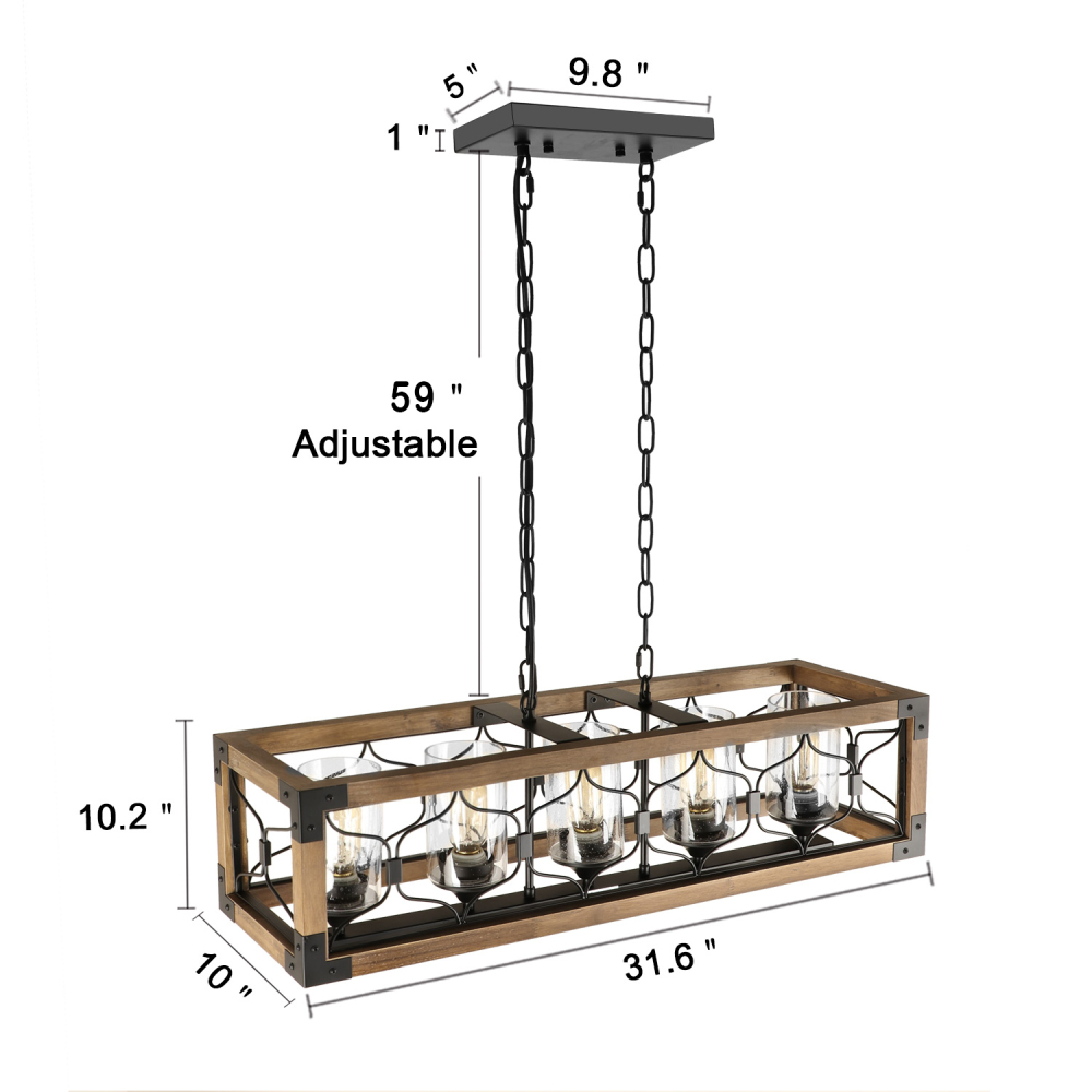 Anmytek Rectangle Wood Chandelier Rustic with Seeded Glass Shades, Industrial Farm Kitchen Pendant Light Dinning Room Hanging Light Fixture