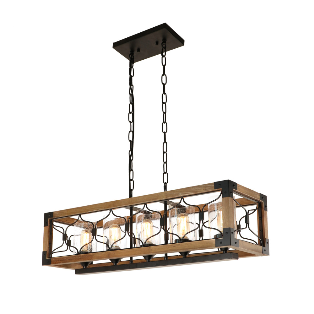 Anmytek Rectangle Wood Chandelier Rustic with Seeded Glass Shades, Industrial Farm Kitchen Pendant Light Dinning Room Hanging Light Fixture