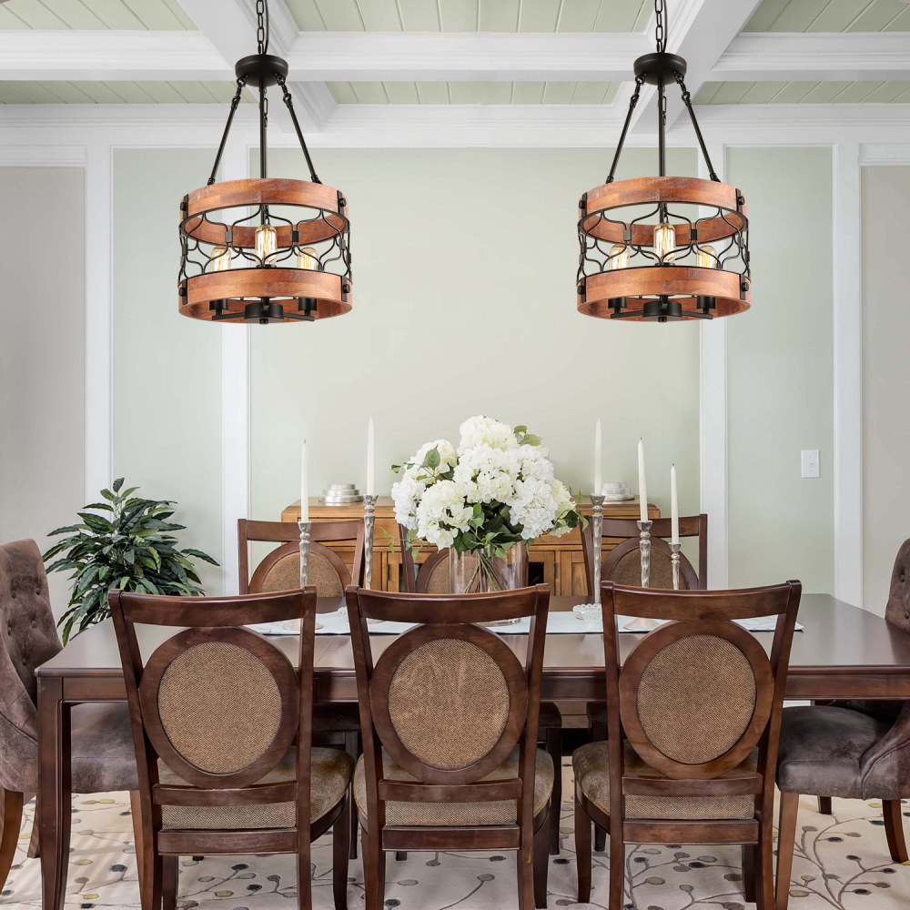 Round Wooden Chandelier Rustic Kitchen Island Pendant Lighting Fixture Three Lights Hanging Ceiling Lights for Dining Room Foyer (C0084)