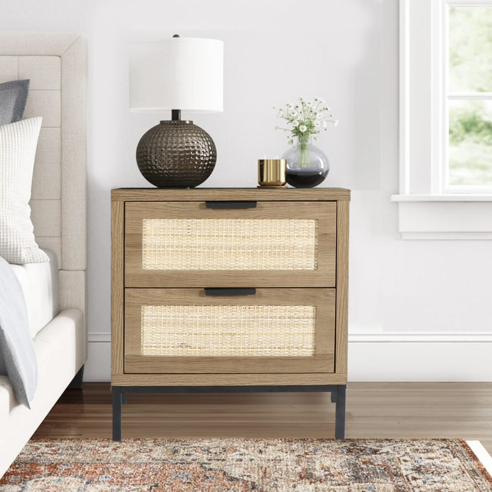 Anmytek Modern Farmhouse Nightstand with 2 Rattan Drawers Wood Bedside Table Storage Cabinet for Bedroom Living Room, H0021