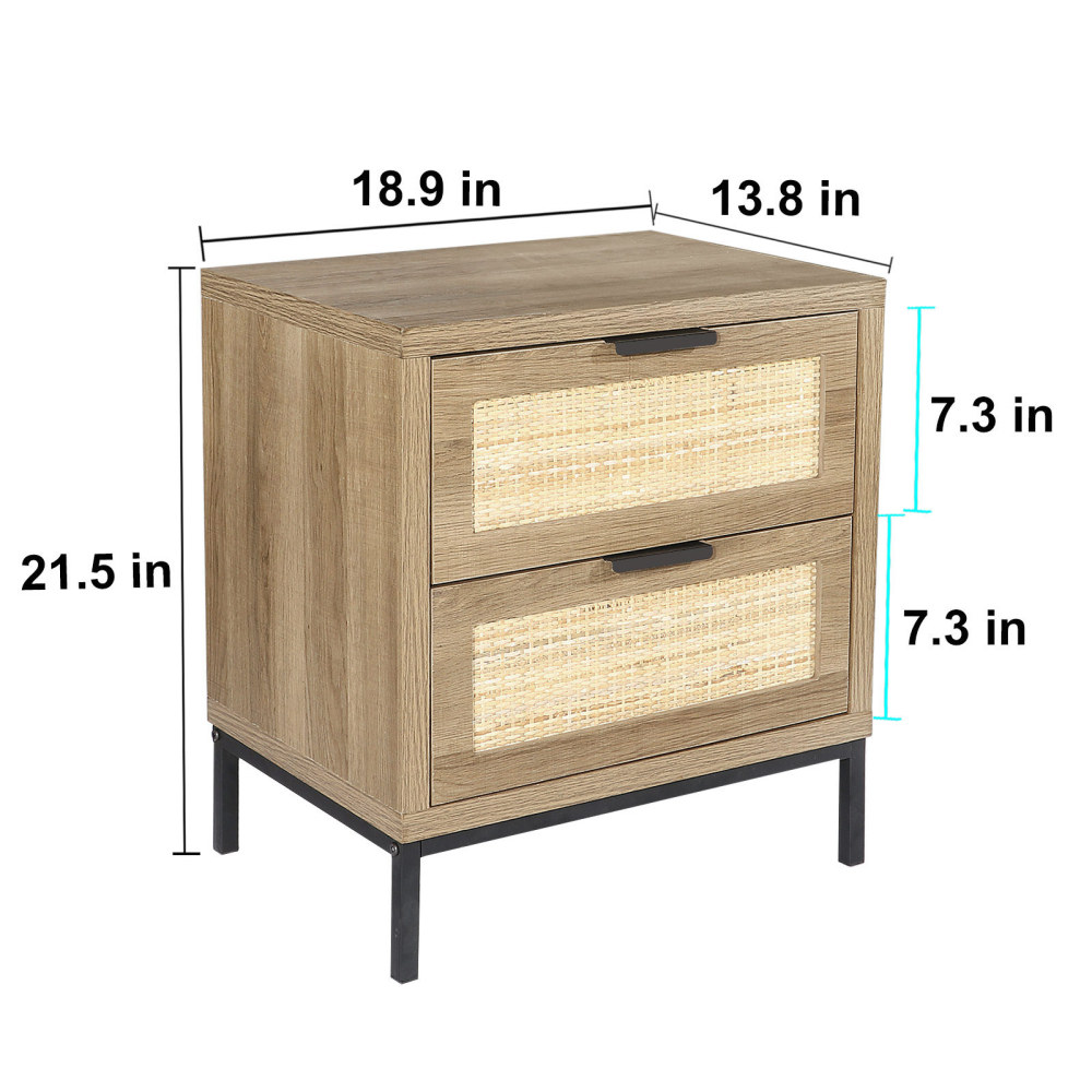 Anmytek Modern Farmhouse Nightstand with 2 Rattan Drawers Wood Bedside Table Storage Cabinet for Bedroom Living Room, H0021