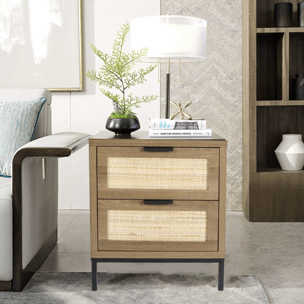 Anmytek Modern Farmhouse Nightstand with 2 Rattan Drawers Wood Bedside Table Storage Cabinet for Bedroom Living Room, H0021