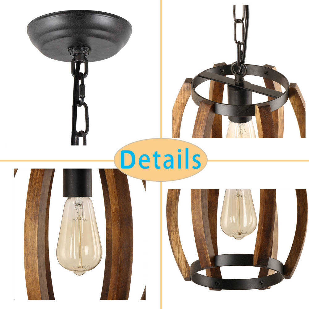 Anmytek Pumpkin Round Kitchen Island Pendant Light, Rustic Wood Frame Lamp Vintage Hanging Light Dinning Table Light Fixture 1 Light, P0056