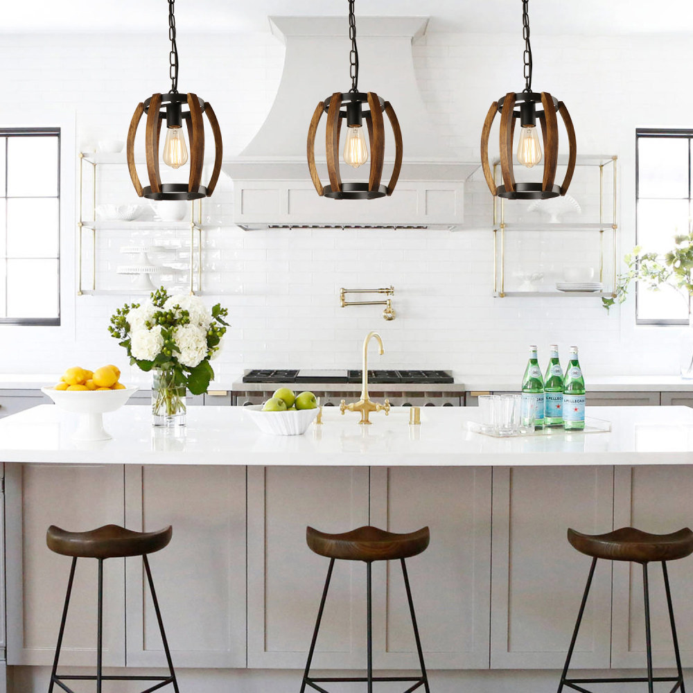 Anmytek Pumpkin Round Kitchen Island Pendant Light, Rustic Wood Frame Lamp Vintage Hanging Light Dinning Table Light Fixture 1 Light, P0056