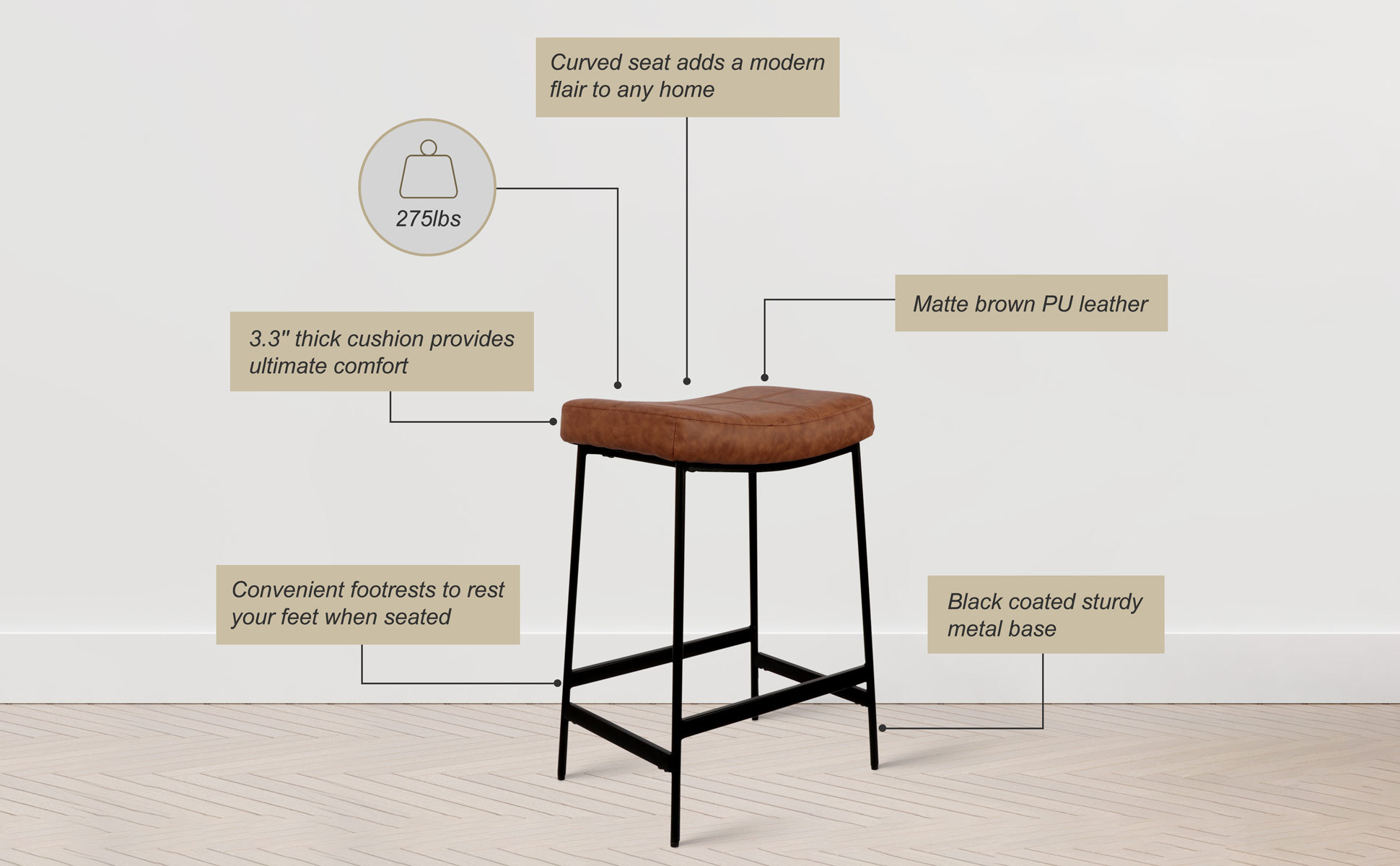 27" Backless Barstools Set of 2 Upholstered Saddle Seat for Kitchen Modern Counter Bar Stools with Thick Cushion and Footrest Brown CH005
