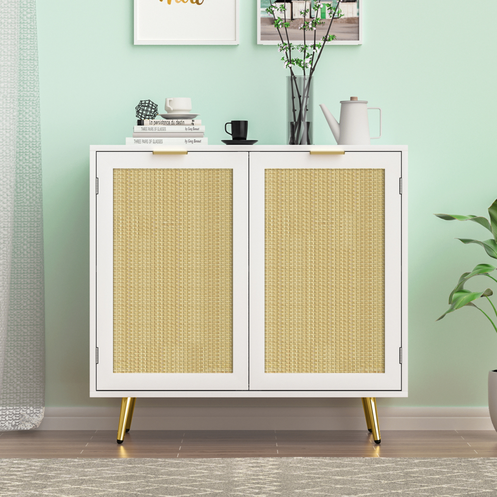 Rattan Storage Cabinet, Modern White Sideboard Buffet Cabinet Accent Cabinet with 2 Doors and Adjustable Shelf for Living Room Kitchen Hallway H0059