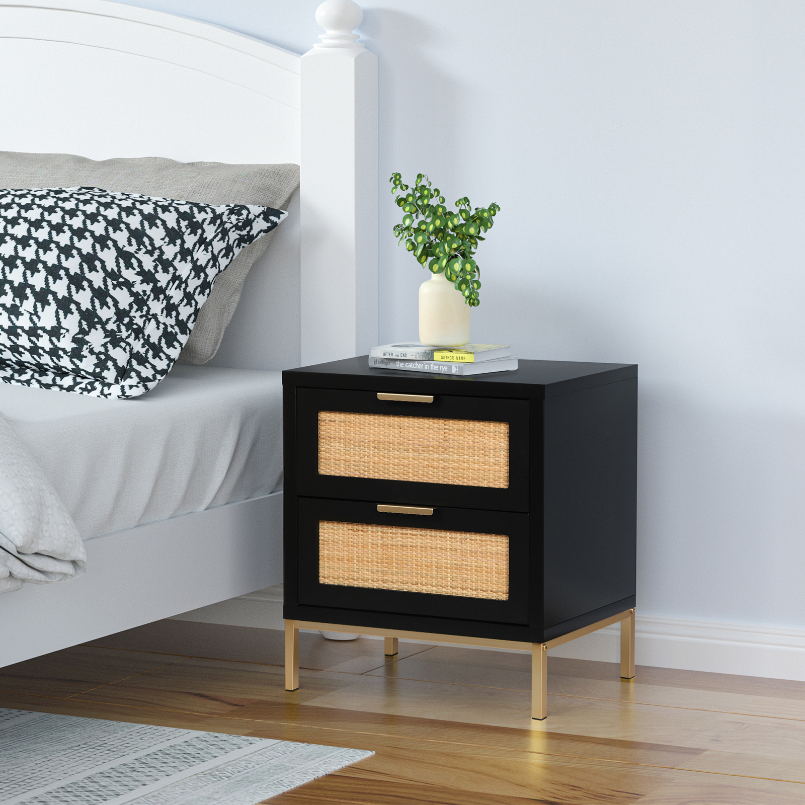 Anmytek Rattan Nightstand, 21.5" H Farmhouse Bedside Table with 2 Spacious Drawers Rustic Sofa Side Table for Bedroom Living Room, Black, H0057