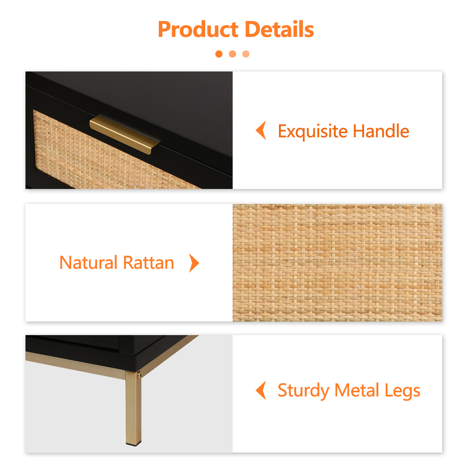 Anmytek Rattan Nightstand, 21.5" H Farmhouse Bedside Table with 2 Spacious Drawers Rustic Sofa Side Table for Bedroom Living Room, Black, H0057