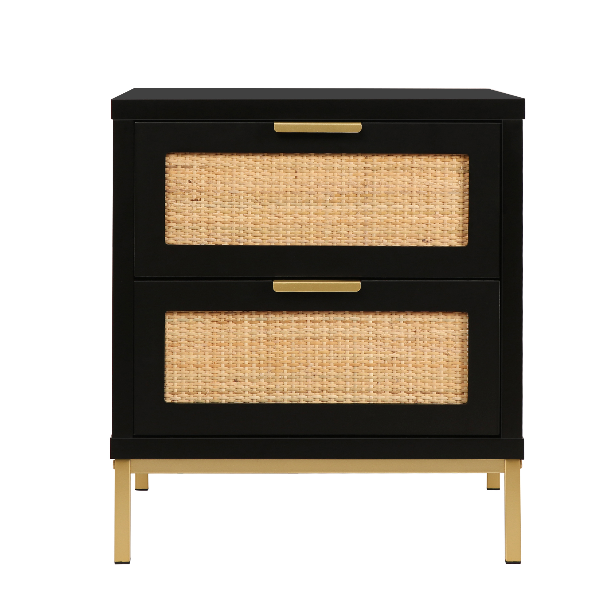 Anmytek Rattan Nightstand, 21.5" H Farmhouse Bedside Table with 2 Spacious Drawers Rustic Sofa Side Table for Bedroom Living Room, Black, H0057