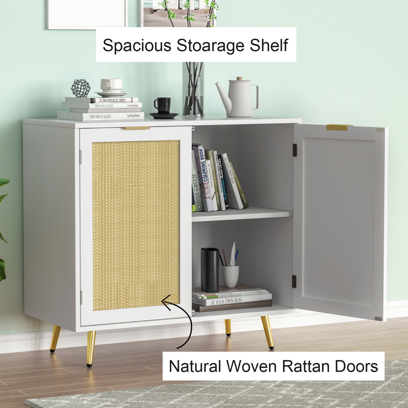 Rattan Storage Cabinet, Modern White Sideboard Buffet Cabinet Accent Cabinet with 2 Doors and Adjustable Shelf for Living Room Kitchen Hallway H0059