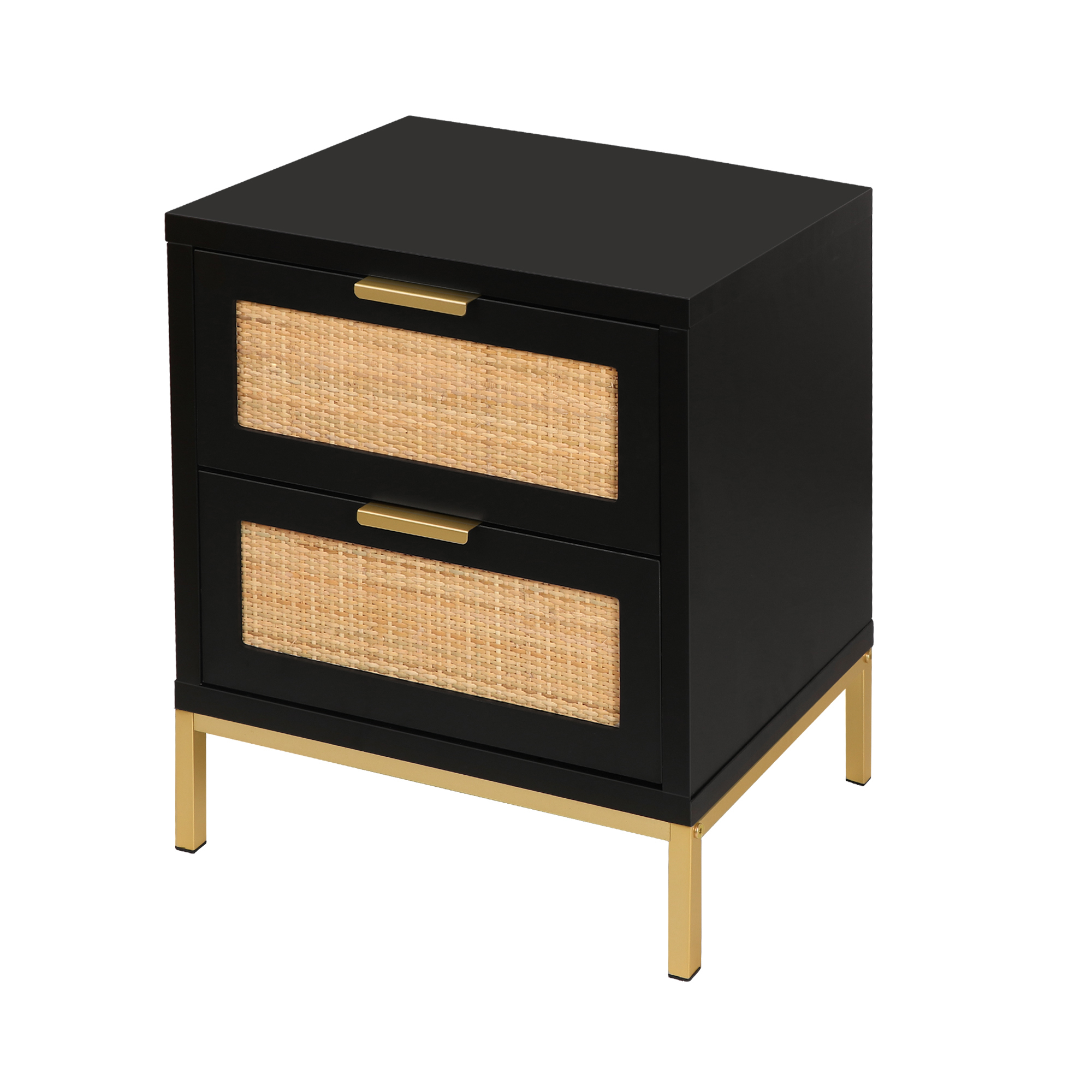Anmytek Rattan Nightstand, 21.5" H Farmhouse Bedside Table with 2 Spacious Drawers Rustic Sofa Side Table for Bedroom Living Room, Black, H0057