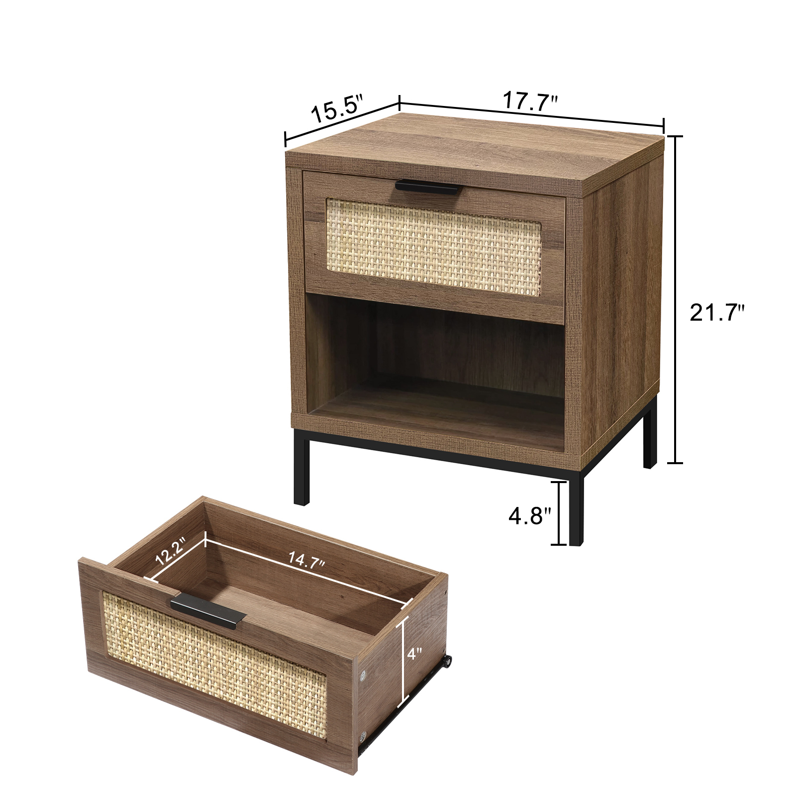 Anmytek Rattan Drawer Nightstand, Bedroom Living Room Side Table Natural Wood End Table Wood Finish & Matte Accents with Storage H0010