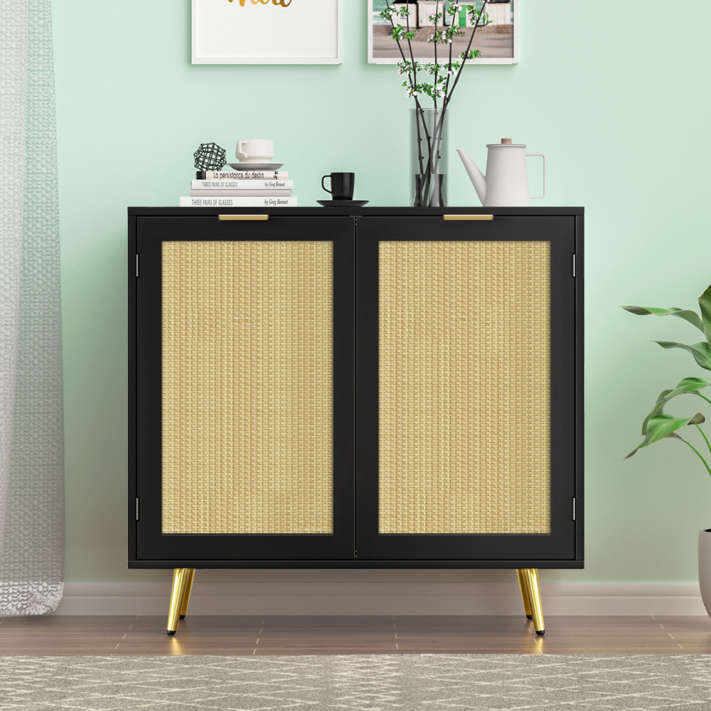 Anmytek Rattan Cabinet, Black Sideboard Buffet Storage Cabinet Accent Cabinet with 2 Doors and Adjustable Shelf for Living Room Kitchen Hallway H0060