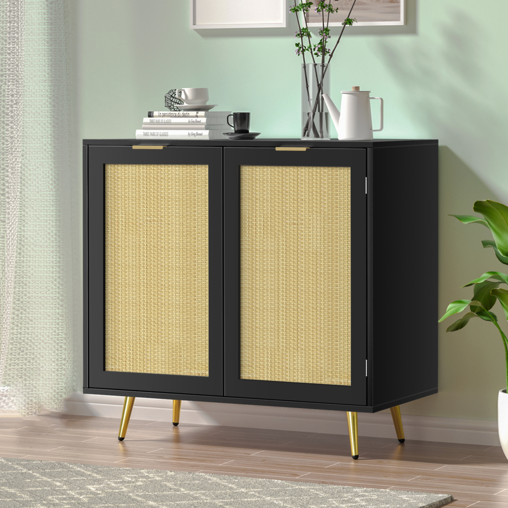 Anmytek Rattan Cabinet, Black Sideboard Buffet Storage Cabinet Accent Cabinet with 2 Doors and Adjustable Shelf for Living Room Kitchen Hallway H0060