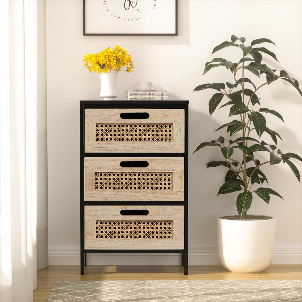 Anmytek Rattan Nightstand,Bedside Table with 3 Storage Drawers End Table for Small Space Sofa Side Table for Children's Bedroom Living Room H0062