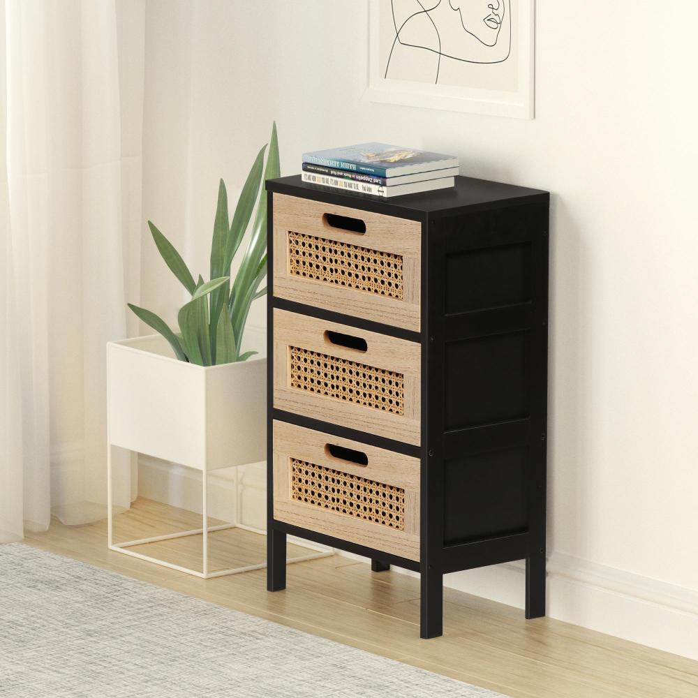 Anmytek Rattan Nightstand,Bedside Table with 3 Storage Drawers End Table for Small Space Sofa Side Table for Children's Bedroom Living Room H0062
