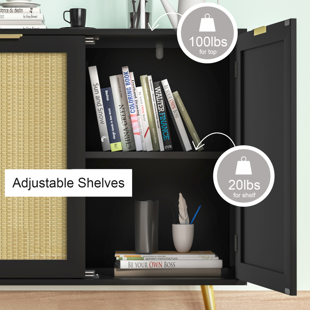 Anmytek Rattan Cabinet, Black Sideboard Buffet Storage Cabinet Accent Cabinet with 2 Doors and Adjustable Shelf for Living Room Kitchen Hallway H0060