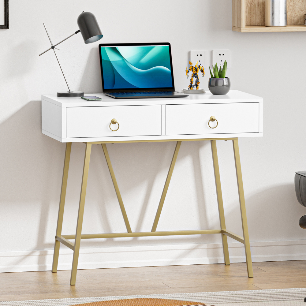 Anmytek Modern Home Office Desk, 35.4 Inch Makeup Vanity Table White Study Desk 2 Drawers Writing Desk Computer Desk with Golden Legs, D0002