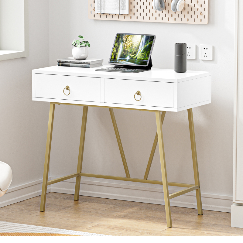 Anmytek Modern Home Office Desk, 35.4 Inch Makeup Vanity Table White Study Desk 2 Drawers Writing Desk Computer Desk with Golden Legs, D0002