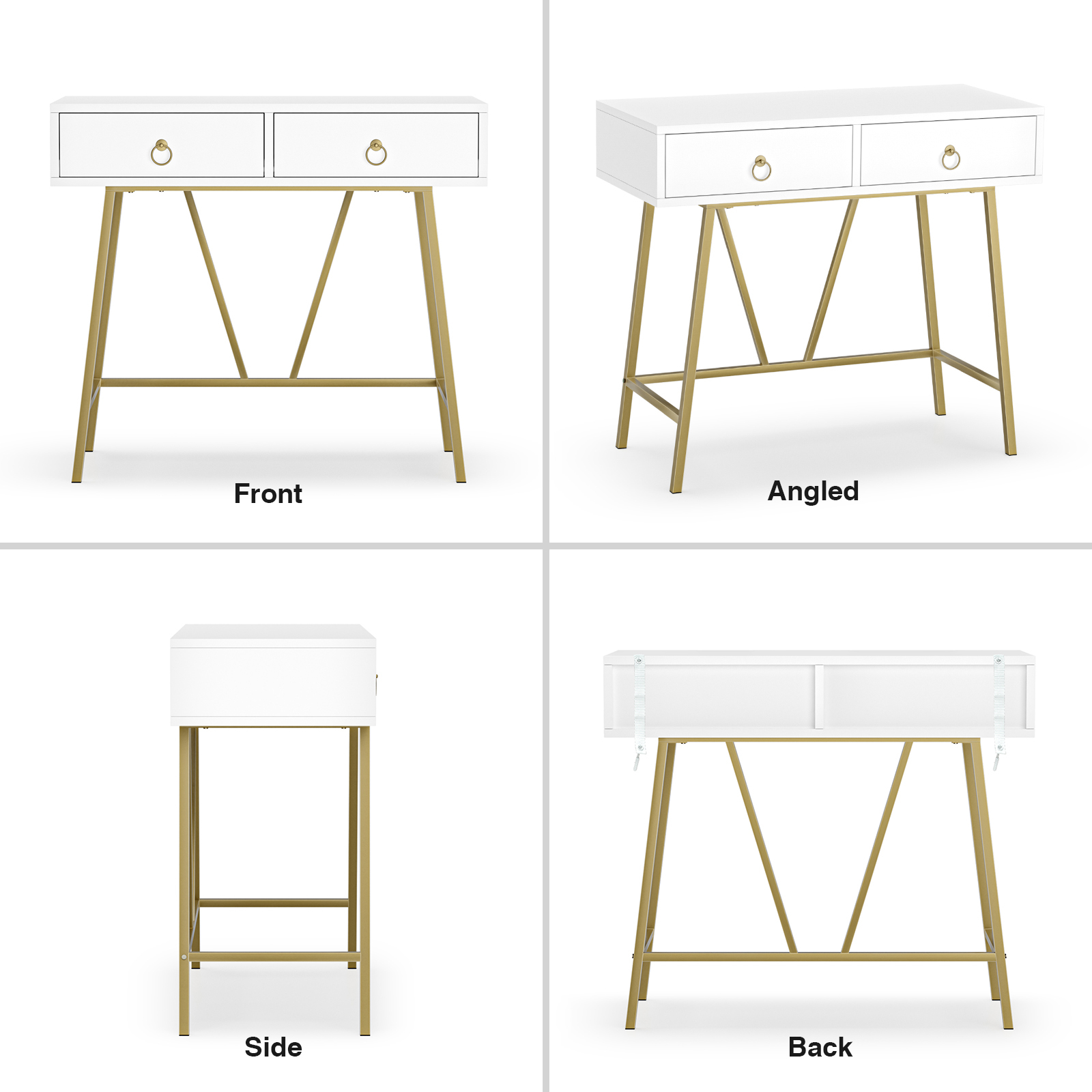 Anmytek Modern Home Office Desk, 35.4 Inch Makeup Vanity Table White Study Desk 2 Drawers Writing Desk Computer Desk with Golden Legs, D0002