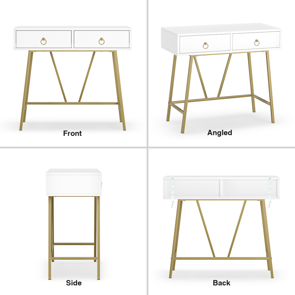 Anmytek Modern Home Office Desk, 35.4 Inch Makeup Vanity Table White Study Desk 2 Drawers Writing Desk Computer Desk with Golden Legs, D0002