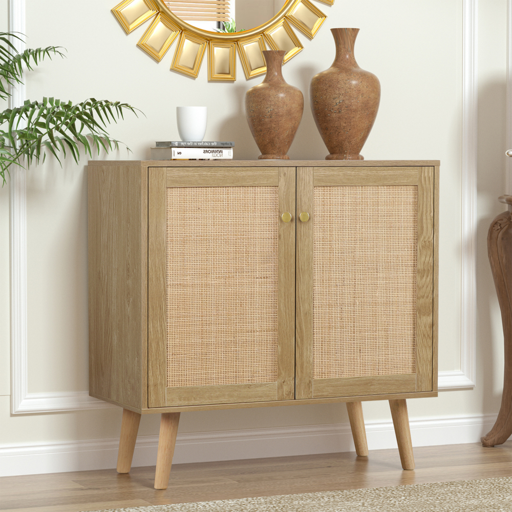 Anmytek Rattan Cabinet, 2 Door Sideboard Buffet Storage Cabinet with Adjustable Shelf Large Space for Living Room Dining Room Hallway Entryway H0082